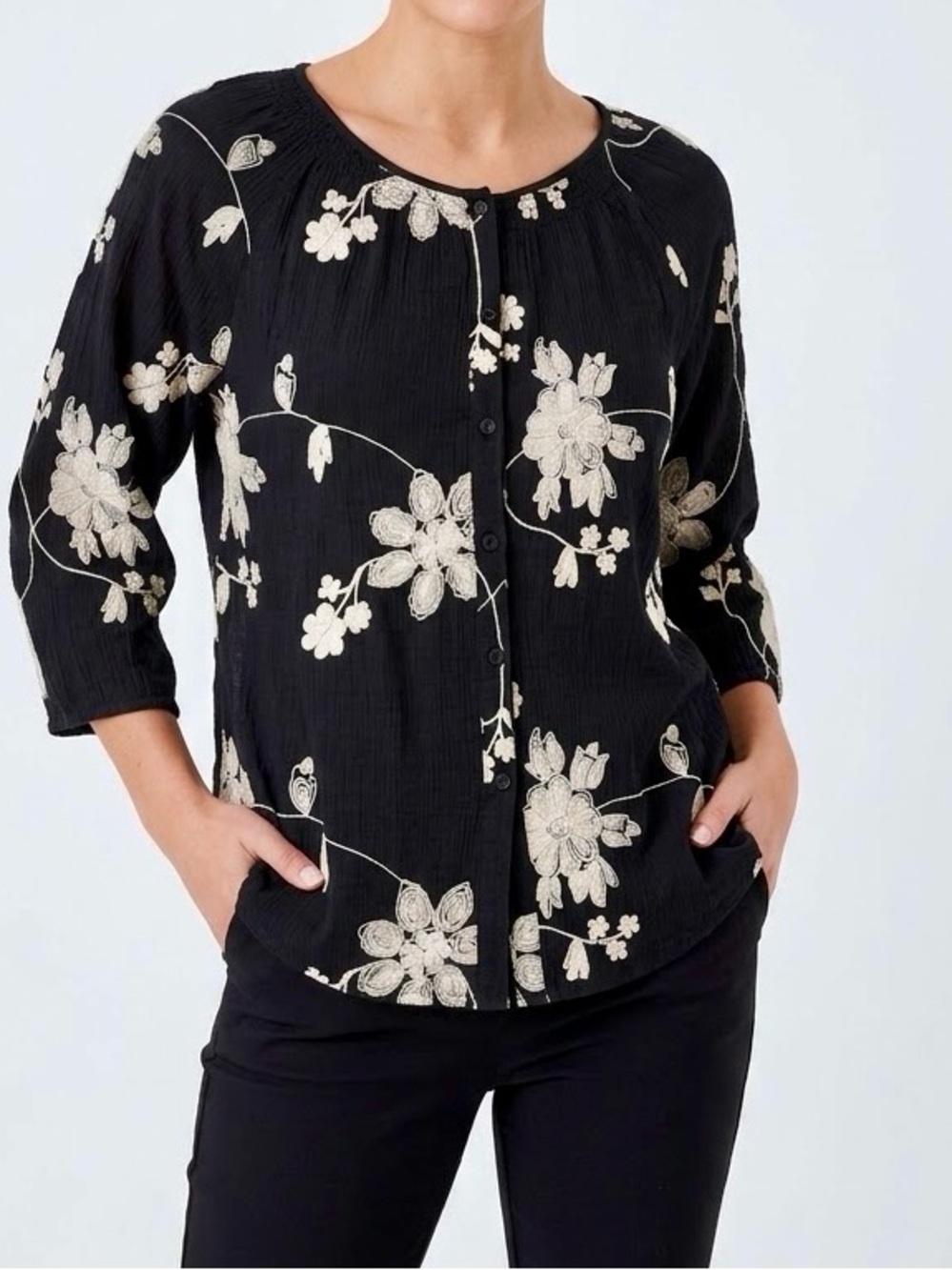 ONCE 1 AGAIN Cotton Black White Floral Embroidered Button-Front Blouse Top LHP